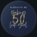 Making 50 look good blue gold birthday button<br><div class="desc">Making 50 look good age birthday typographic personalized birthday gift. Life begins at fifty, show how happy you are to be in your fifties with this design, ideal for a birthday party or celebration weekend away. Make it a party to remember with the awesome outfit or a ideal gift for...</div>