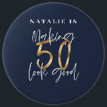 Making 50 look good blue gold birthday button<br><div class="desc">Making 50 look good age birthday typographic personalized birthday gift. Life begins at fifty, show how happy you are to be in your fifties with this design, ideal for a birthday party or celebration weekend away. Make it a party to remember with the awesome outfit or a ideal gift for...</div>