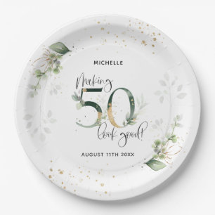 Making 50 Look Good Green Gold Botanical Birthday Paper Plate
