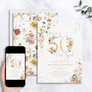 Making 50 Look Good Pink Gold Botanical Birthday Invitation