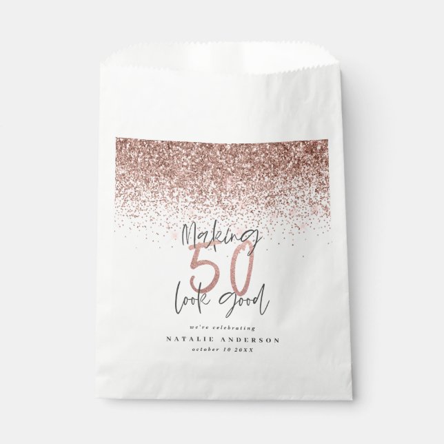 Making 50 look good rose gold glitter party favour bags (Front)