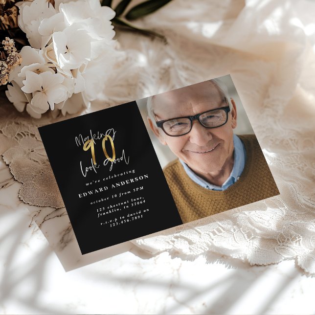 Making 90 look good gold birthday photo invite (Creator Uploaded)