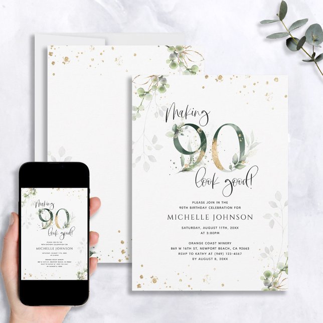 Making 90 Look Good Green Gold Botanical Birthday Invitation (Creator Uploaded)