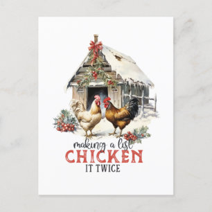 "Making a list, Chicken it twice" Puns Christmas Postcard