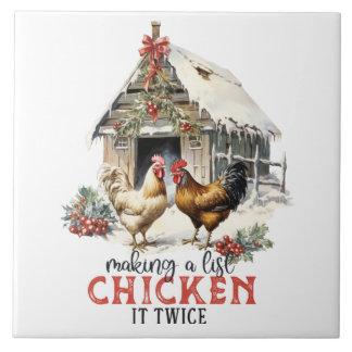 "Making a list, Chicken it twice" Puns Christmas Tile