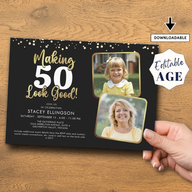Making AGE Look Good 2 Photos Black Gold Birthday Invitation (Creator Uploaded)