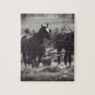 Making Hay With Horses Black and White Jigsaw Puzzle