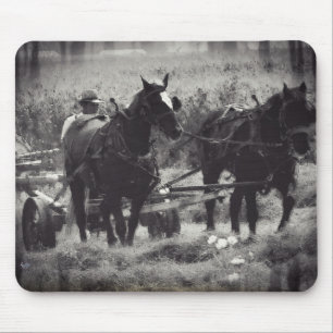 Making Hay With Horses Black and White Mouse Pad