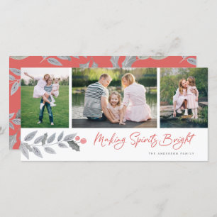 Making Spirits Bright Berry Floral 3 Photo Collage Holiday Card
