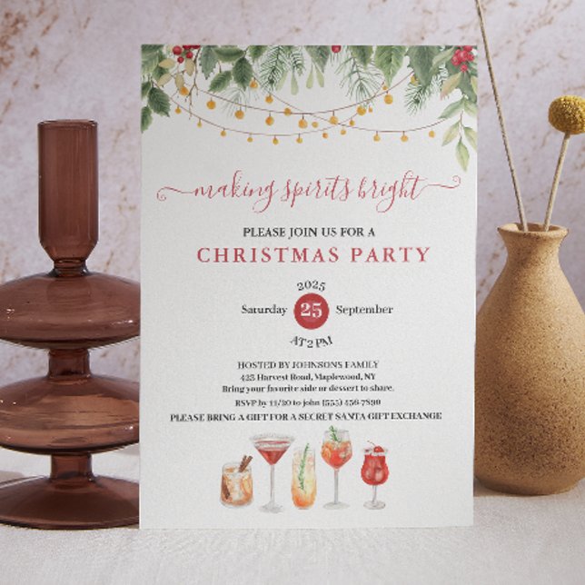Making Spirits Bright Christmas Cocktail Party Invitation (Making Spirits Bright Christmas Cocktail Party Invitation botanic rustic holiday country farm style )