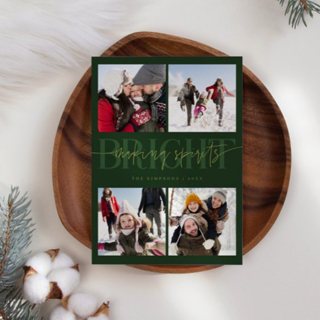 Making Spirits Bright Green Christmas Multi Photo Holiday Card (Creator Uploaded)