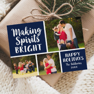 Making Spirits Bright Navy Script Photo Collage Holiday Card