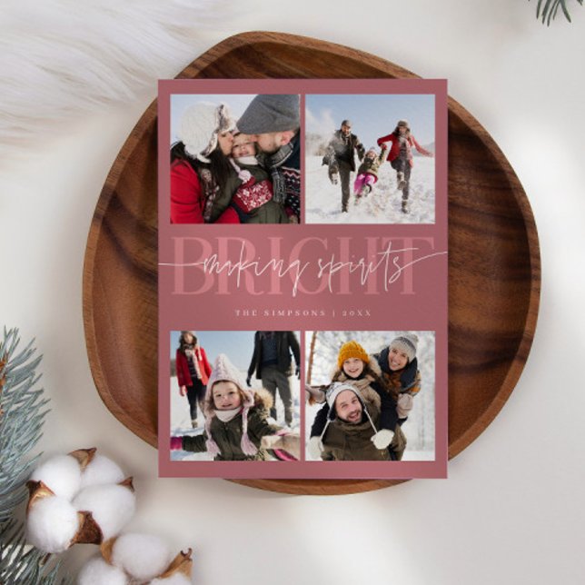 Making Spirits Bright Pink Christmas Multi Photo Holiday Card (Creator Uploaded)