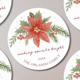 Making Spirits Bright Red Botanical Poinsettia Classic Round Sticker