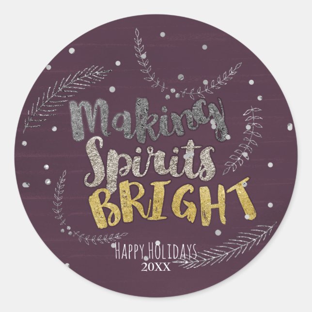 Making Spirits Bright Silver Leaves Holiday Classic Round Sticker (Front)