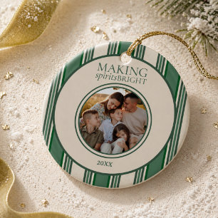 Making Spirits Bright Two Photo Stripe Holiday Ceramic Tree Decoration