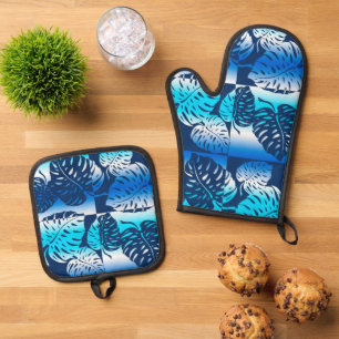 Makua Monstera Tropical Hawaiian Blend Navy Oven Mitt & Pot Holder Set