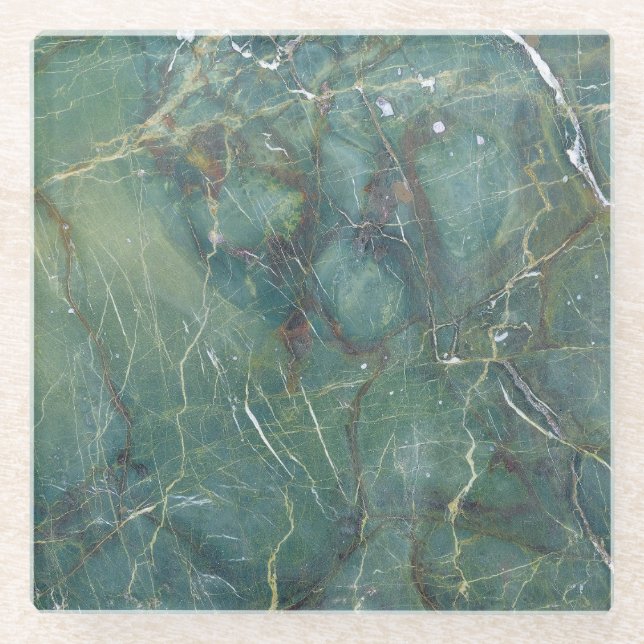 Malachite Green Marble Detailed Texture Glass Coaster (Front)