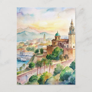Malaga Spain Cityscape Watercolor Painting Postcard