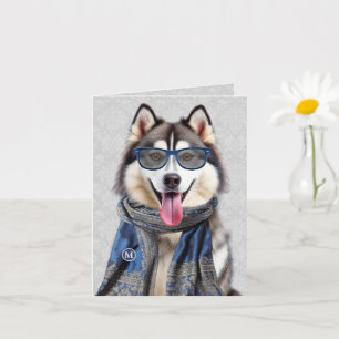 Malamute Dog with Blue Grey Pattern Monogrammed Card