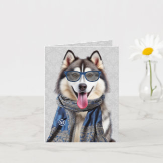 Malamute Dog with Blue Grey Pattern Monogrammed Card