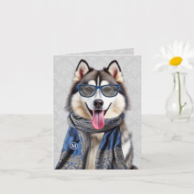 Malamute Dog with Blue Grey Pattern Monogrammed Card (Small Plant)
