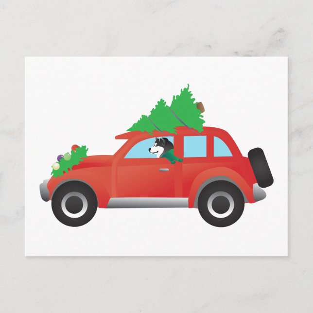 Malamute Driving a car with Christmas tree on top Holiday Postcard (Front)
