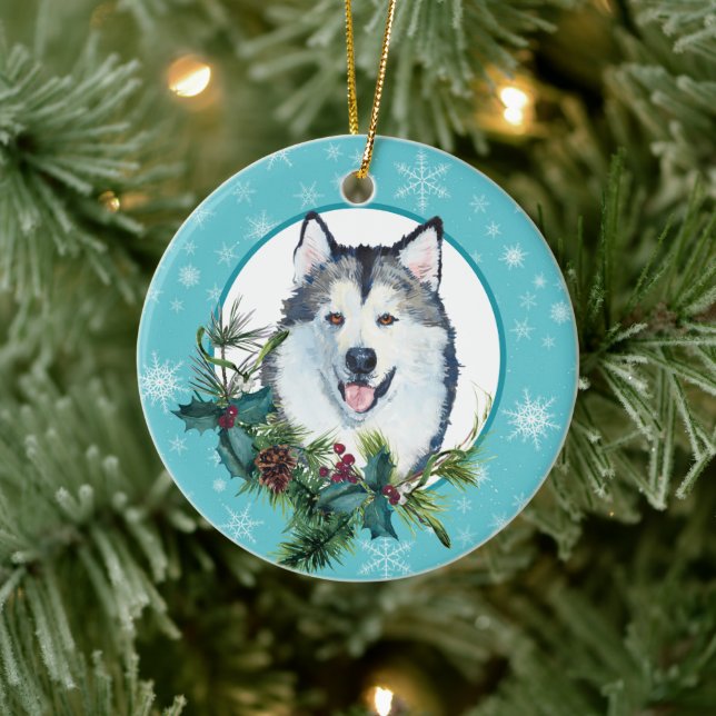 Malamute Evergreen Blue Snowflake Border Ceramic Tree Decoration (Tree)