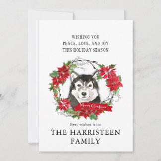 Malamute Watercolor Alaskan Poinsettia Christmas Holiday Card