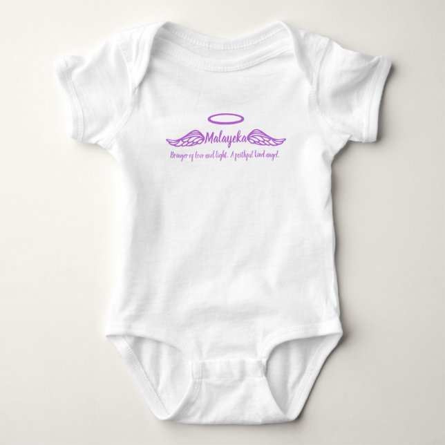 Malayeka girls name & meaning angel wings purple baby bodysuit (Front)