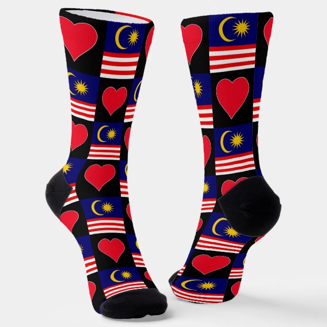 Malaysia Flag Heart Pattern Fun Malaysian Pride Socks (Angled)