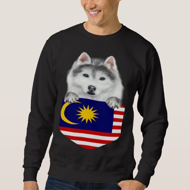 Malaysia Flag Siberian Husky Dog In Pocket Sweatshirt (Front)