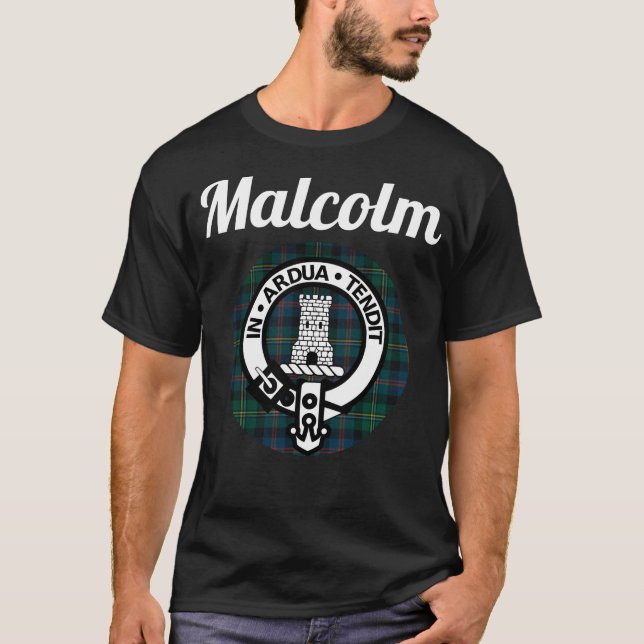 Malcolm Clan Scottish Name Coat Of Arms Tartan T-Shirt (Front)