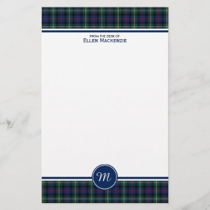 Malcolm Clan Tartan Dark Blue Plaid Monogram Stationery