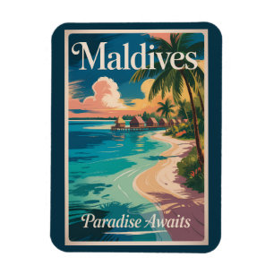 Maldives Beach Illustration Travel Art Vintage Magnet