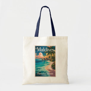 Maldives Beach Illustration Travel Art Vintage Tote Bag