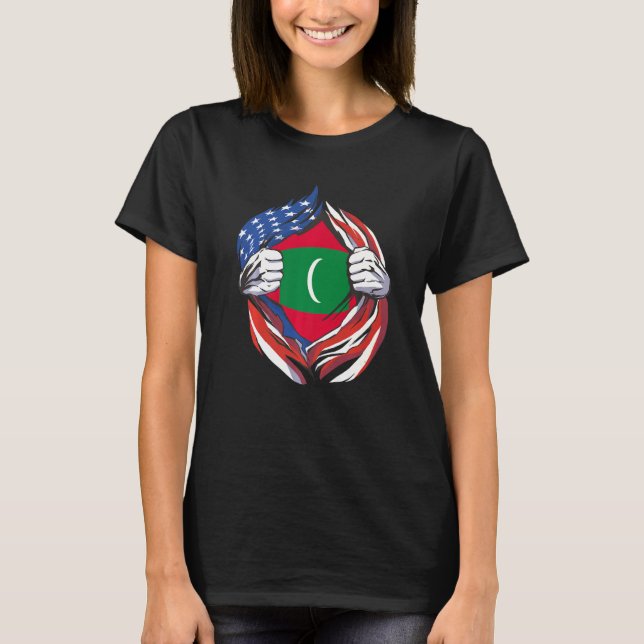 Maldives Flag American Proud Of My Maldivian Herit T-Shirt (Front)