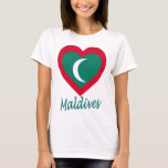 Maldives Flag Heart T-Shirt<br><div class="desc">The flag of the Maldive Islands rendered on a heart to show your love for the old country. 

When selecting this item on clothing,  please be aware that any white parts may not appear as white on lighter fabrics,  and dark fabrics should be chosen to contrast with the design.</div>