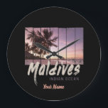 Maldives Indian Ocean vintage sunset souvenir Large Clock<br><div class="desc">Maldives Indian Ocean sunset beach and palm tree with pier vacation souvenir for travelers. Vintage Indian Ocean holiday maldives design for island lover. You can easily customise and personlize the design by enter the name you want.</div>