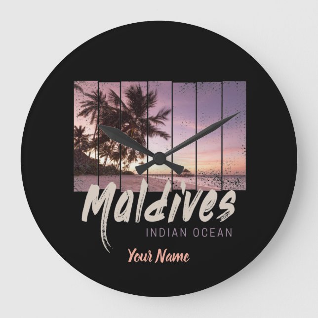 Maldives Indian Ocean vintage sunset souvenir Large Clock (Front)