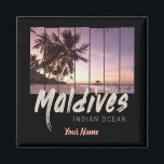 Maldives Indian Ocean vintage sunset souvenir Magnet<br><div class="desc">Maldives Indian Ocean sunset beach and palm tree with pier vacation souvenir for travelers. Vintage Indian Ocean holiday maldives design for island lover. You can easily customise and personlize the design by enter the name you want.</div>