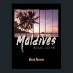 Maldives Indian Ocean vintage sunset souvenir Poster<br><div class="desc">Maldives Indian Ocean sunset beach and palm tree with pier vacation souvenir for travelers. Vintage Indian Ocean holiday maldives design for island lover. You can easily customise and personlize the design by enter the name you want.</div>