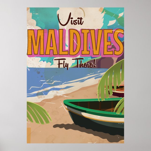 Maldives island vintage travel poster art. (Front)