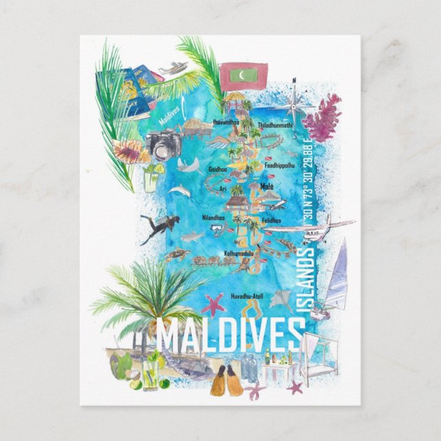 Maldives Islands Illustrated Travel Map  Postcard (Front)