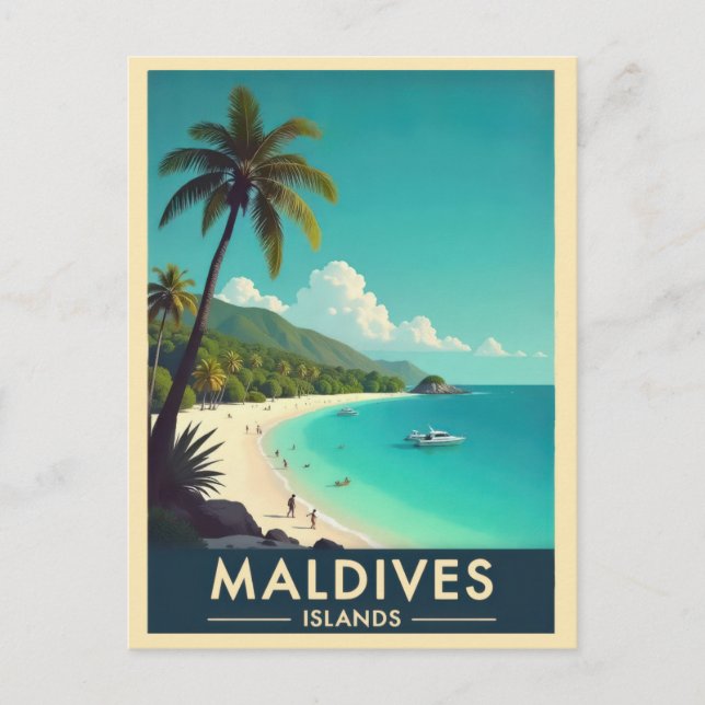 Maldives Islands Vintage Beach Ocean Travel Postcard (Front)