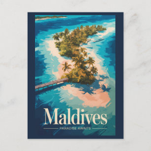 Maldives Landscape Illustration Travel Art Vintage Postcard