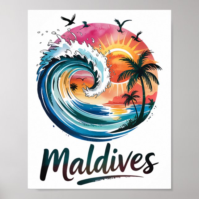 Maldives Tropical Sunset And Surf Design For Beach Poster (Front)