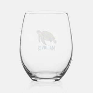 Maldives Vintage Sea Turtle Travel Shirt Design_1 Stemless Wine Glass