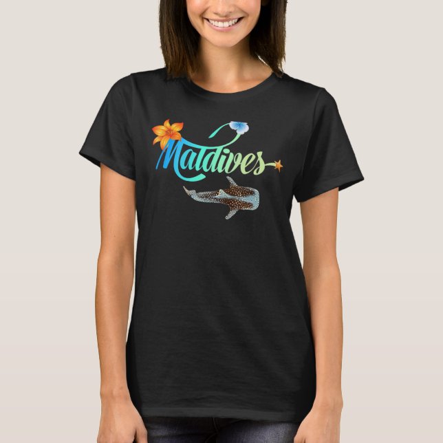 Maldives Whale Shark Hibiscus Palms Beach Souvenir T-Shirt (Front)
