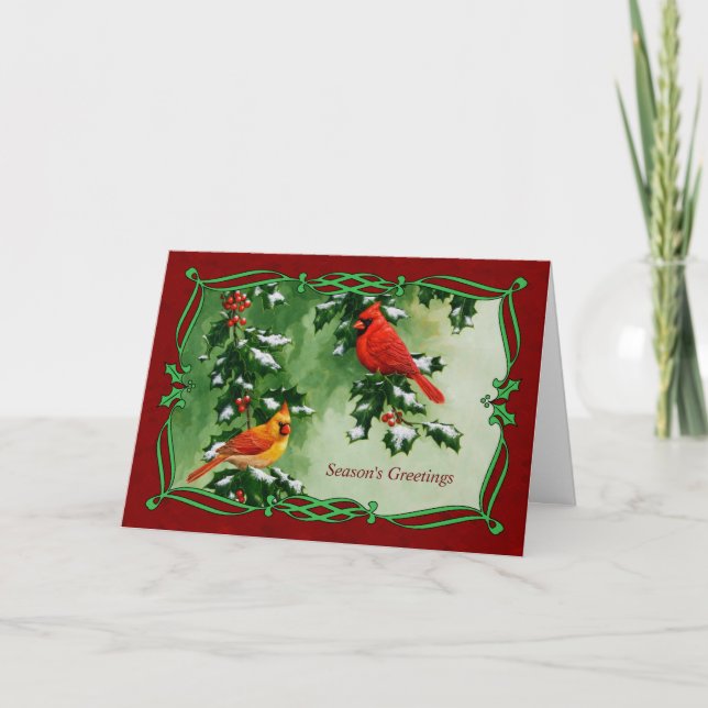 Male and Female Cardinals Red Holiday Card (Front)